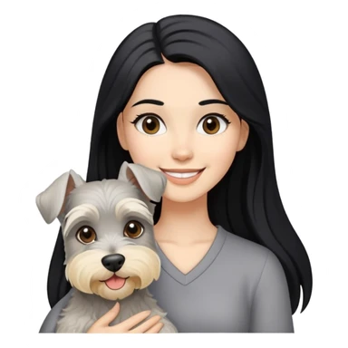 A smilling woman with long black hair holding a blonde Schnauzer sticker