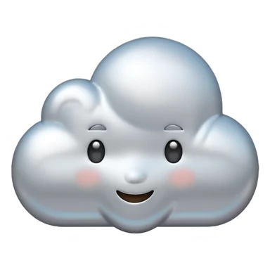 A cute cloud emoji made of silver chrome, smooth rounded shape, glossy metallic surface, soft reflections, minimal and friendly design, iOS emoji style, centered, clean white background, soft lighting sticker