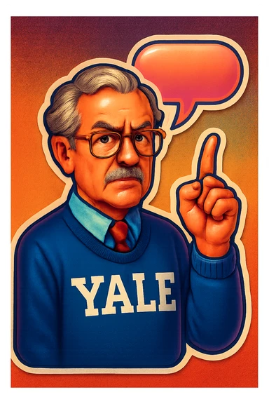 Профессор Йельского университета со скептическим лицом показываем указательный палец вверх, от головы отходить bubble speech sticker