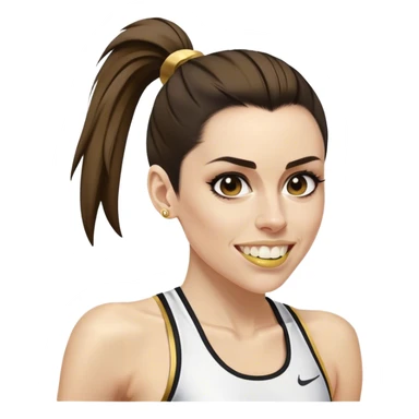 Melanie chisholm with a high ponytail wearing athletic attire and a gold tooth sticker