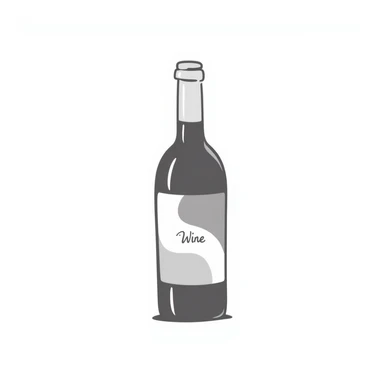 A wine bottle with label in pastel colors (dd9fb0, ffc6d3, a3bfc9, c4bee2, f1b091), hand-drawn doodle style sticker