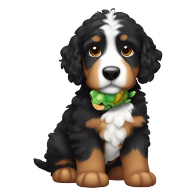 A mini bernedoodle with a turtle  sticker