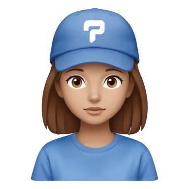 fille les cheveux chatain attachés avec une casquette bleu et un logo blanc dessus, elle porte un t-shirt gris large sticker