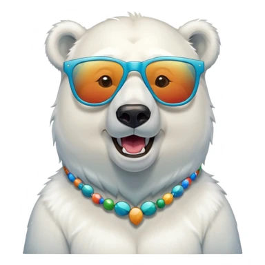 laughing polar bear headshot wearing a t-shirt and large multicolored extravagant glasses sticker