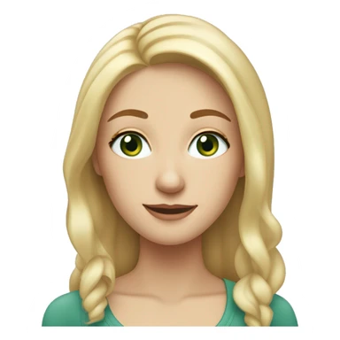 A tall slim blonde haired woman with a central parting with bluey green eyes, a freckle on the right cheek and quite a round face sticker