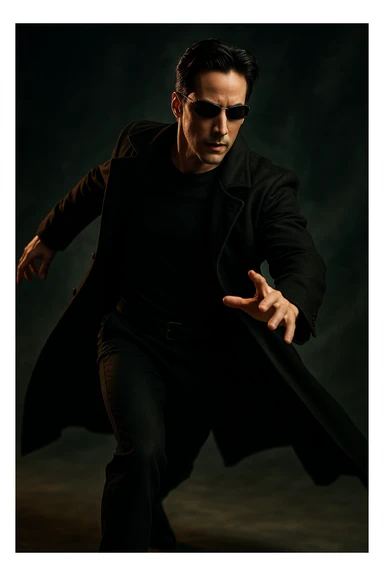 Neo from the Matrix, wearing a long black coat and sunglasses, in a cool action pose, cinematic style sticker