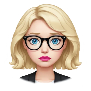 Blonde woman with short wavy hair, blue eyes and pink lips wearing black glasses looking very sad sticker