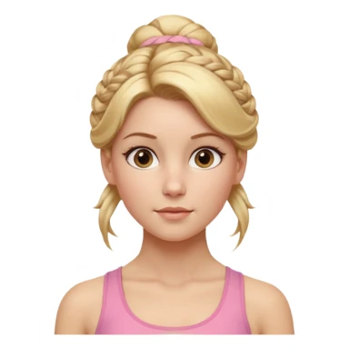 Cinematic Realistic Workout Girl Portrait, depicted with lifelike skin texture, subtle rosy undertones, and soft natural lighting that enhances the gentle contours of her face. Her intricately detailed golden blonde hair is elegantly styled in an updo, sticker