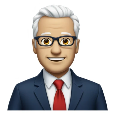 A heavy man, white skin, white hair, with glasses, no beard, smiling with teeth, and wearing a navy blue suit and red tie sticker