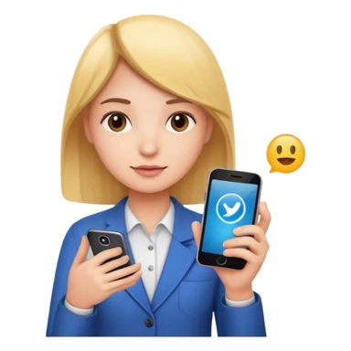 person holding a phone with graphs and social media symbols, emoji style sticker