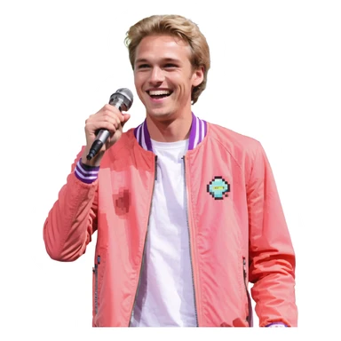 Pixel art style, expressive male performer, Caucasian features, short sandy blonde hair, lively eyes, wide cheerful smile, wearing a coral violet jacket over white tee, tossing a microphone in one hand, waist-up, front-facing sticker