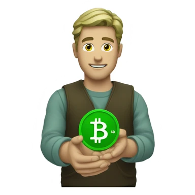 Man holding green bitcoin sticker