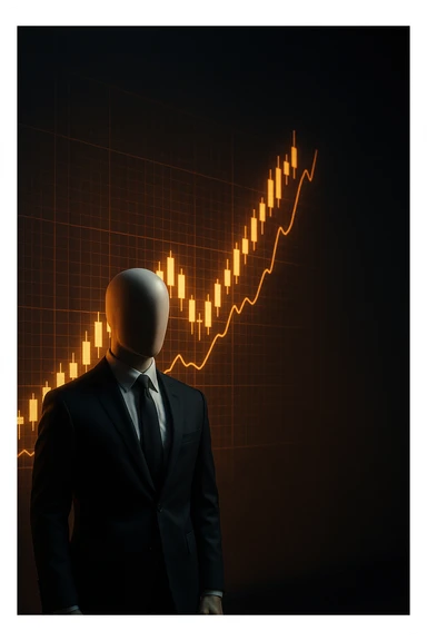 Cinematic 3D render of a faceless mannequin in a suit, standing in front of a giant glowing stock market graph (candlesticks, charts). Large empty wall space on the right for text overlay. Dramatic lighting, deep contrast, epic finance atmosphere. sticker