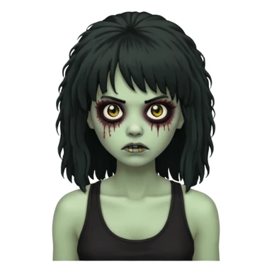 a female zombie with sage green skin, black long afro hair with bangs, and a black tank top  sticker
