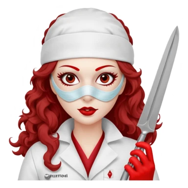 


Scary woman scalpel in hand, evil surgeon sexy surgeon clothes.  She has redcolored  eyes. Her  hair only is free ne brown long curly hair. Wears sexy doctor outfit with red gloves. make her wear full ski mask yo mask and nose mask  to hide. Wears white surgeon coat, wears  stilettos sticker