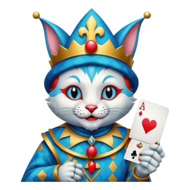 crazy colorful cute little cat jolly joker from poker, medieval, vintage, court jester, mac os icon, blue color, holds an ace poker card (clearly detailed and precise) sticker