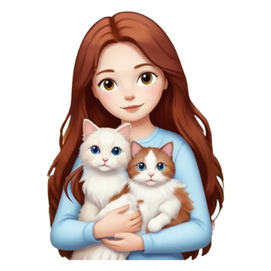 A woman with long dark auburn hair holding a white ragdoll cat in a field of flowers sticker