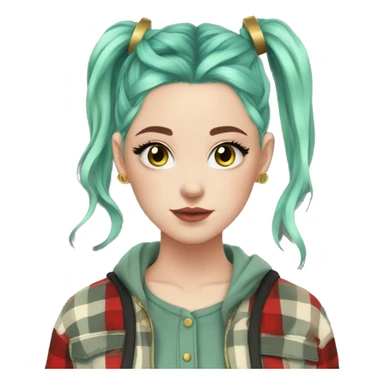  Pale girl, blue eyes, green hair, space buns hairstyle, wearing a red flannel, gold hoop earrings, thick wing eyeliner sticker