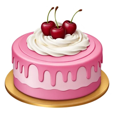 Round pink frosted cake with textured buttercream sides, placed on a gold cake board.
White whipped cream swirls on top, each topped with glossy red cherries with stems, clean studio lighting, isolated background, realistic minimal smooth emoji-style. sticker