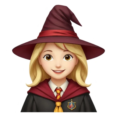 A young woman wearing a classic witch’s hat, red tie, and wizarding robes. This outfit suggests she's a student from Gryffindor House (from the Harry Potter universe), as the red tie is a signature detail of that house's uniform. sticker
