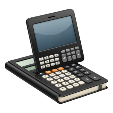 Minimalistic flat vector icon, iOS style, thin black contour on white background. Small black notebook with visible binding, placed next to a calculator. Clean, modern, no text, no shadows. sticker