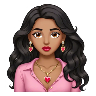 Woman,Medium brown skin,super long black wavy hair, medium brown arched eyebrows, full lashes, red nude lips, diamond stud earrings, gold heart locket, pink shirt sticker