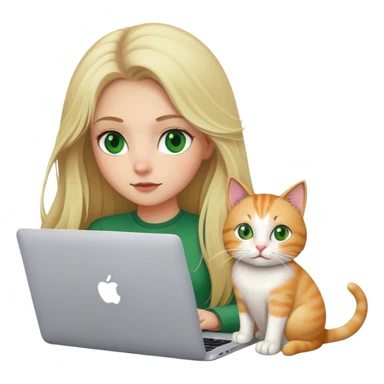 Long hair Blonde girl green eyes with apple MacBook and a cat sticker