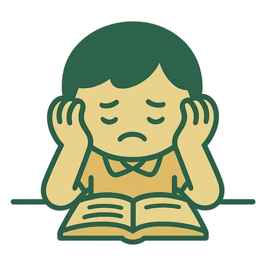 student frustrated with head in hands, minimalistic, green gold and white color scheme, clean lines sticker