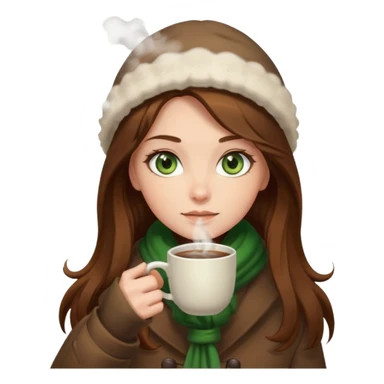 Girl green eyes brown long hair with brown-white winter clothes with coffee in her arms sticker