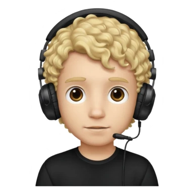 curly blonde haired boy with a black top on and black gaming headphones sticker