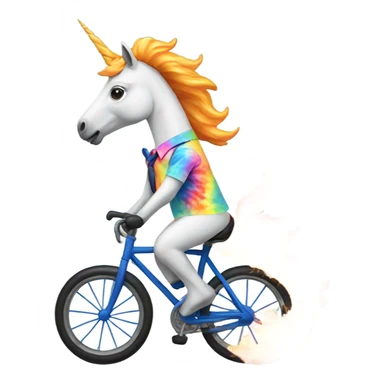 Unicorn with tie dye shirt riding a bike on fire sticker