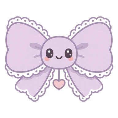Enhance the purple bow in kawaii style by adding delicate lace trim along the edges, a small heart charm hanging from the center, and a soft, romantic touch to the overall appearance. Keep the style cute and charming with no background. sticker