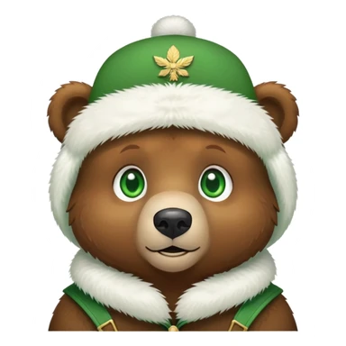 Adorable brown bear with green eyes, white furry ushanka with clear Russian Federation emblem centered on front, minimalist iOS emoji style sticker