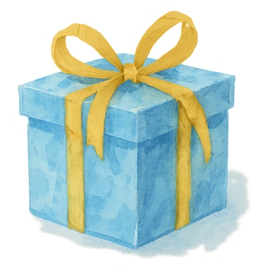 watercolor style light blue gift box with yellow ribbon, loose brushstrokes sticker