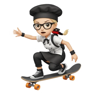 ["An angry woman with light skin, ponytail, wearing a chef hat and square glasses, dressed in goth fashion, is skateboarding while holding a backpack."] sticker