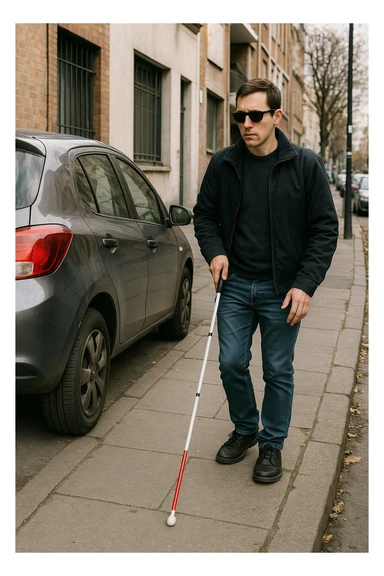 A person with dark glasses and a white cane, trying to navigate around a car parked on the pavement, highlighting accessibility issues. sticker