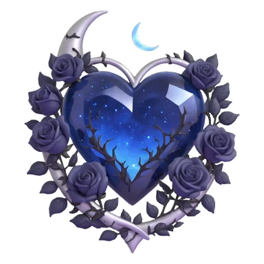 gothic heart, midnight blue glass, silver crescent moon, black roses, stardust, lightning, rain, cracked glass, celestial style sticker