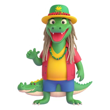 3D cartoon alligator with Rasta hat, dreadlocks, and casual clothes, smiling, fun and friendly sticker