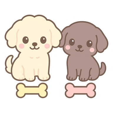 Add cute bone treats in front of both dogs, matching the kawaii style, with a transparent background. sticker