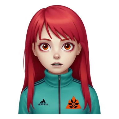 Crie um emoji de uma menina com bochecha gordinha com o cabelo vermelho longo com uma franja reta zumbi casaco de gola alta da adidas sticker
