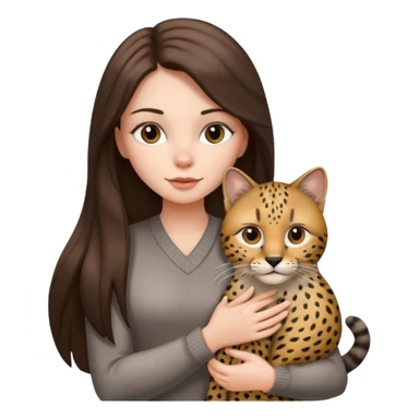 a white girl with brunette long straight hair holding a grey cat. the grey cat has black lines and cheeta prints in its fur. sticker