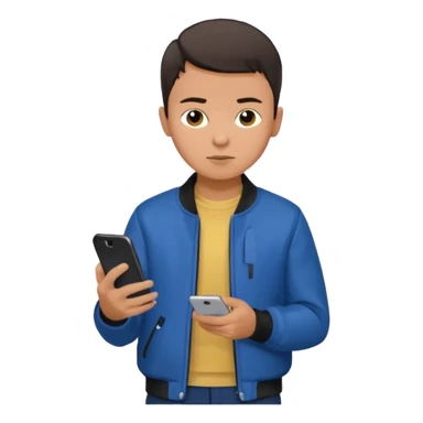 a boy looking at his phone brunnet short buzzcut green make his  jacket blue bag black pants brunnet boy tan skin and rreally dark hair sticker