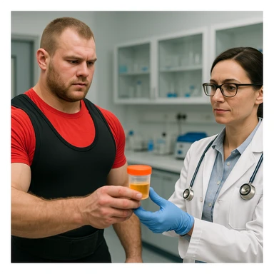 European powerlifter in competition clothing handing over a sample for anti-doping test to a doctor, control atmosphere, realistic details, laboratory background. sticker