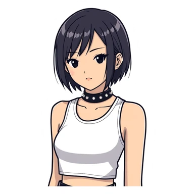 A asian girl with Black eyes and black straight hair with a bob with a black spiked chocker with white tank top with a black leather jacket on in anime style sticker