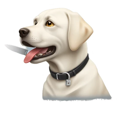 white lab holding a knife in his mouth sticker