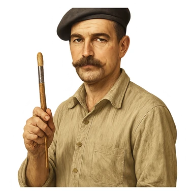 man with a moustache and short hair, painter, holding a paintbrush, wearing a beret sticker