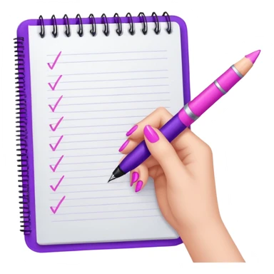 female hand with purple nails holding a pink pen over a notebook sticker