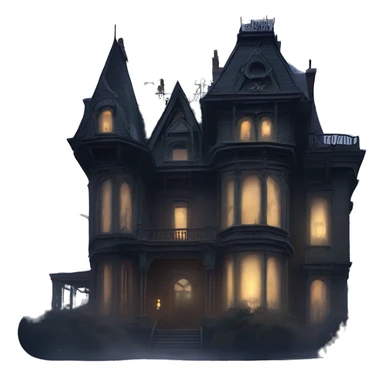 Fantastic close-up view, A very roomy ramshackle gothic Victorian Addams’s mansion looms through light fog at midnight  sticker
