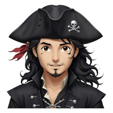 A charismatic pirate with wavy black hair tousled by the breeze. His silver-embroidered tricorn hat casts a shadow. He turns his head slightly, dark eyes glinting with mischief as he looks to the side, a knowing smile on his lips. His black coat, adorned with silver buttons, shifts with the wind sticker