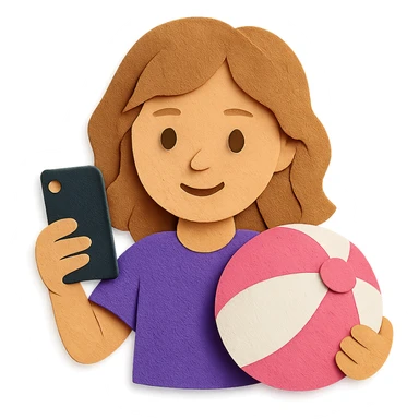 white girl with wavy hair holding her phone and a pink beach ball sticker